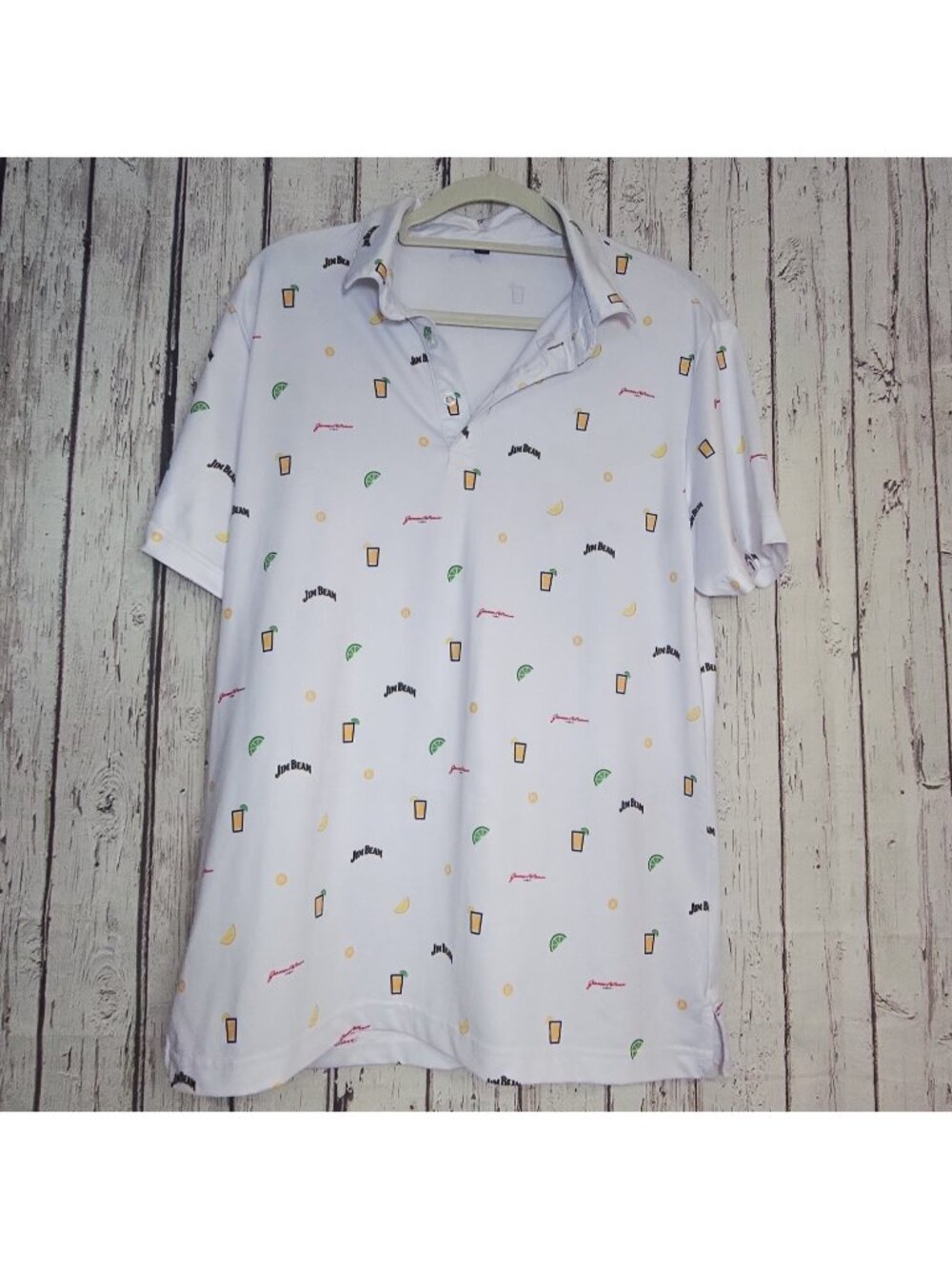 Jim Beam Polo Shirt Mens Large All Over Print Whiskey Bourbon Logo White